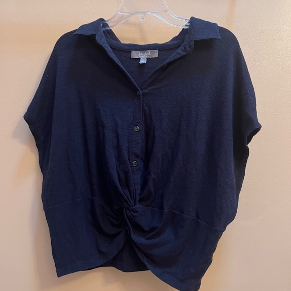 Marled Tops - Marled navy button up w/ twist at bottom